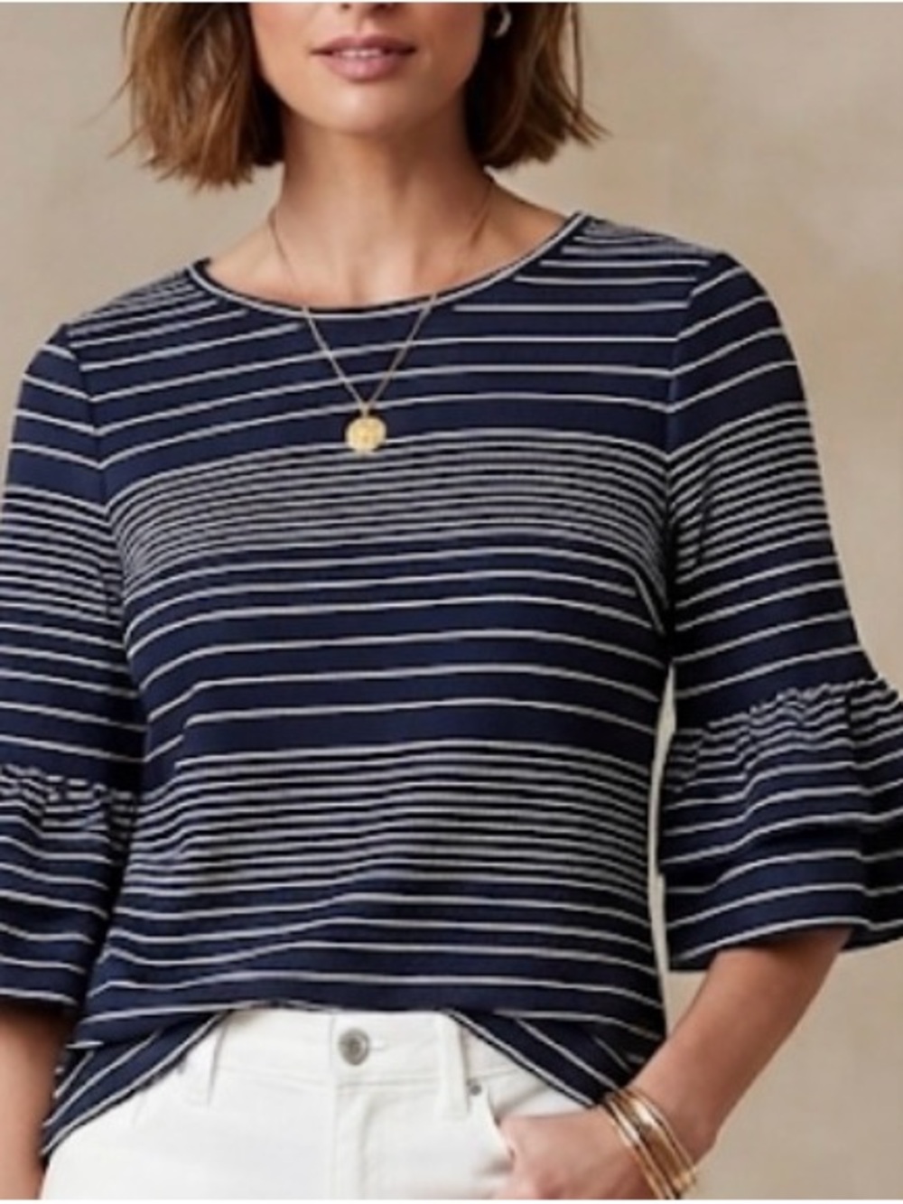 Nautical Preppy Max Studio Navy Blue White Striped Bell Sleeve Blouse Sz S